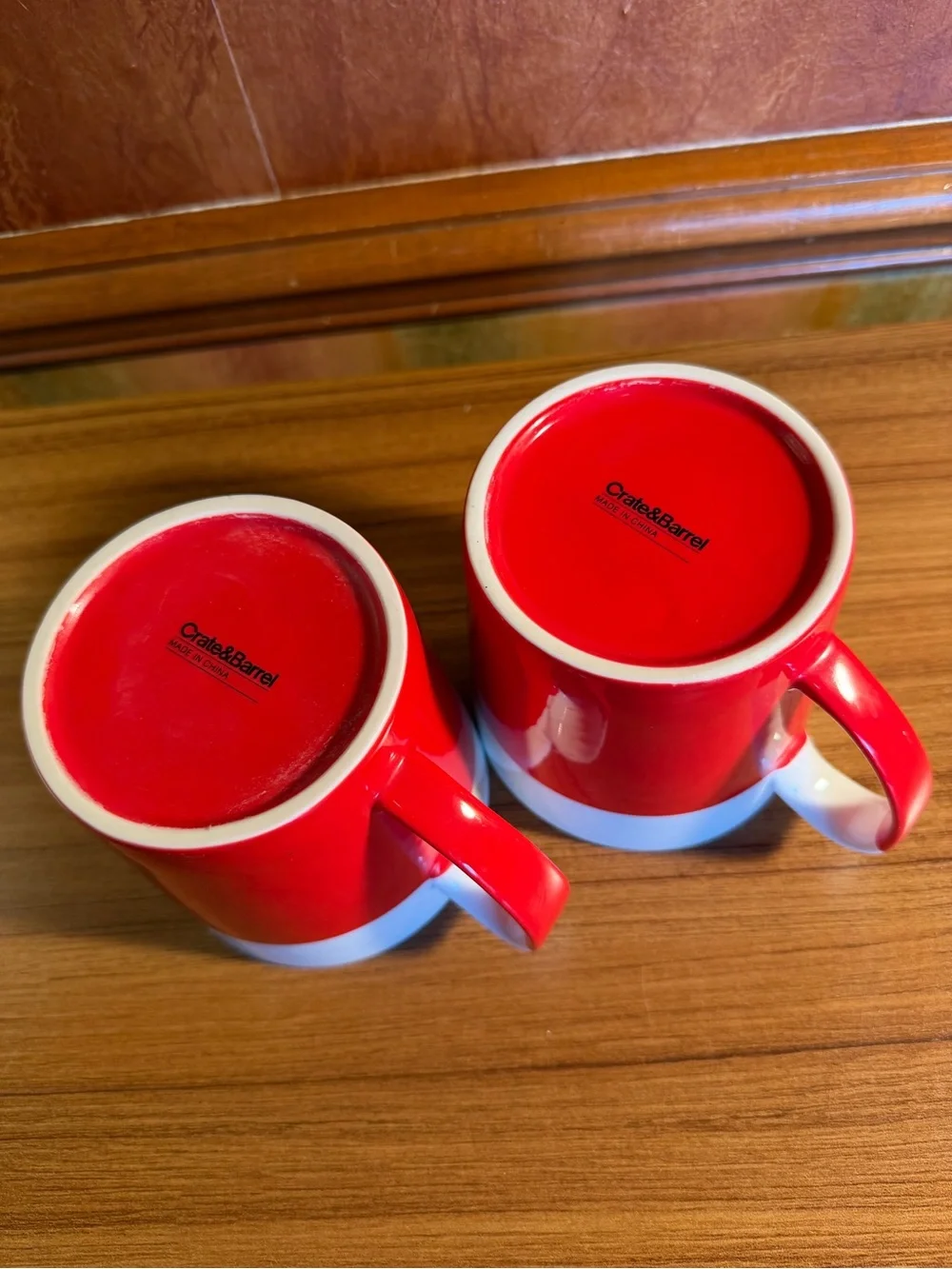 SET OF 2 Crate & Barrel Coffee Mugs Red White Dipped Glaze New No Tags 14oz